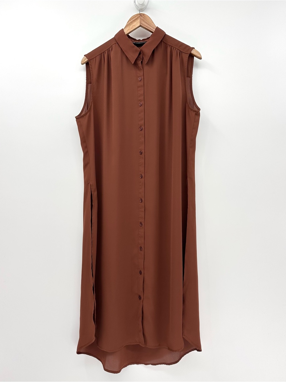 New York & Company Sheer Brown Maxi Shirt Dress with Side Slits Size XL